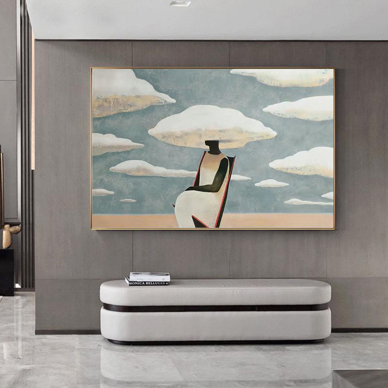 Large Abstract Black Woman Painting on Canvas, Original Beach and Clouds Canvas Wall Art, Modern Woman at Beach Painting for Living Room