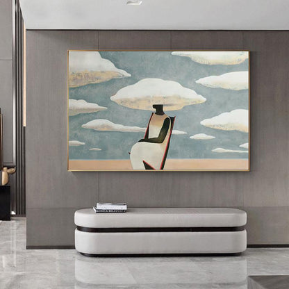 Large Abstract Black Woman Painting on Canvas, Original Beach and Clouds Canvas Wall Art, Modern Woman at Beach Painting for Living Room