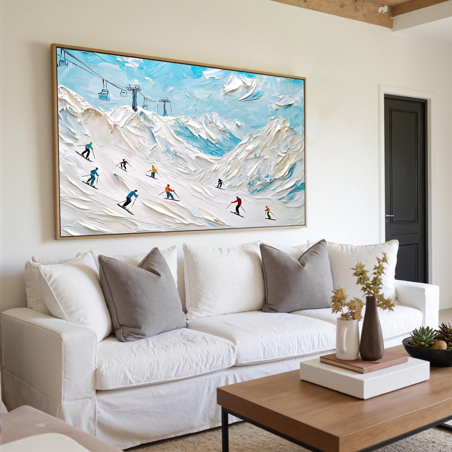 Textured Alpine Skiing Oil Painting, Snowy Mountain Canvas Wall Art – Colorful Alpine Mountain Wall Art | Textured Oil Painti