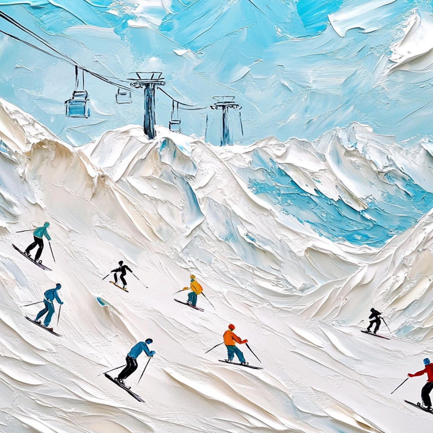 Textured Alpine Skiing Oil Painting, Snowy Mountain Canvas Wall Art – Colorful Alpine Mountain Wall Art | Textured Oil Painti