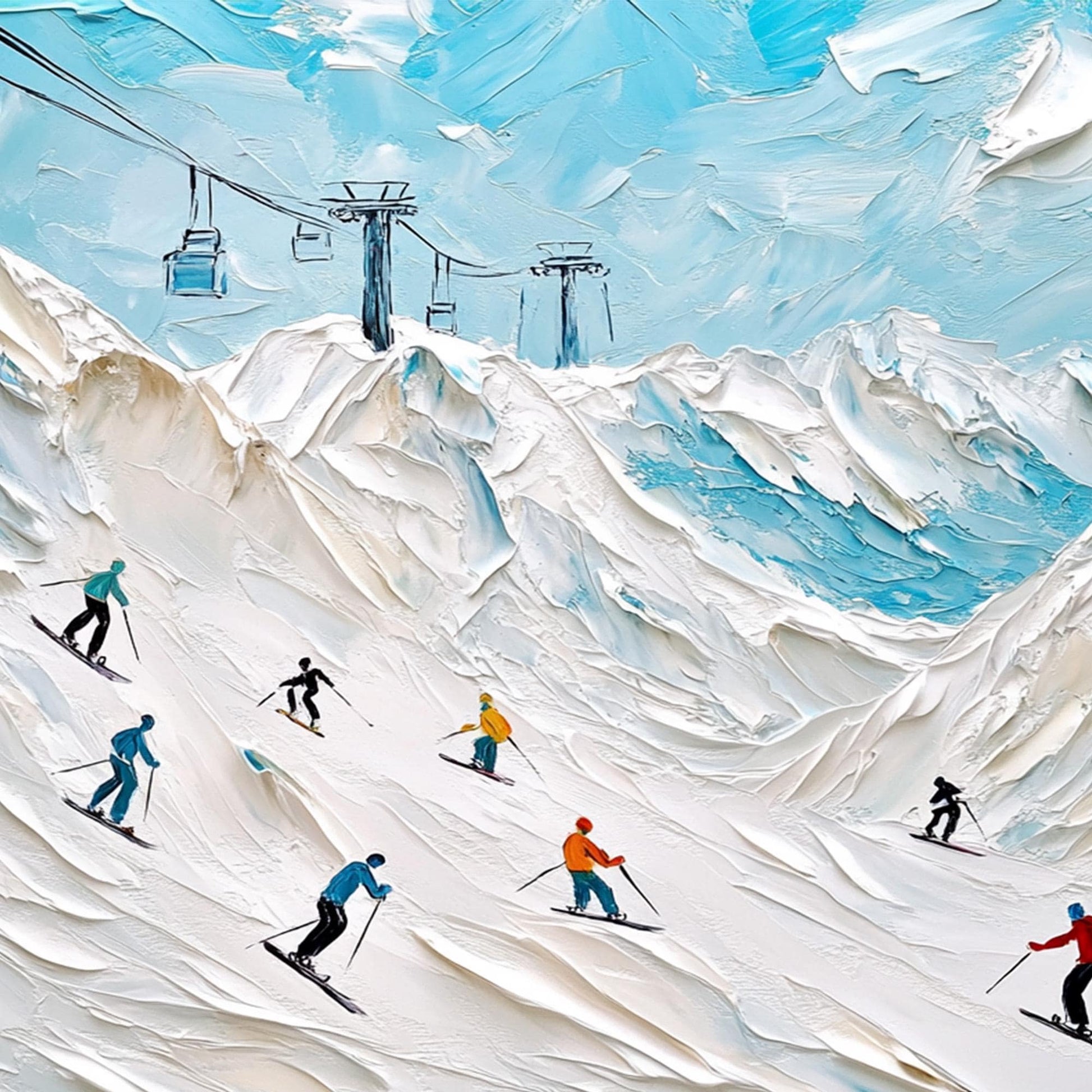 Textured Alpine Skiing Oil Painting, Snowy Mountain Canvas Wall Art – Colorful Alpine Mountain Wall Art | Textured Oil Painti