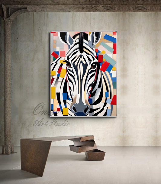 May include: A framed artwork featuring a stylized zebra portrait with black and white stripes. The background is filled with colorful geometric shapes in red, blue, yellow, and white. The artwork is displayed in a modern interior.