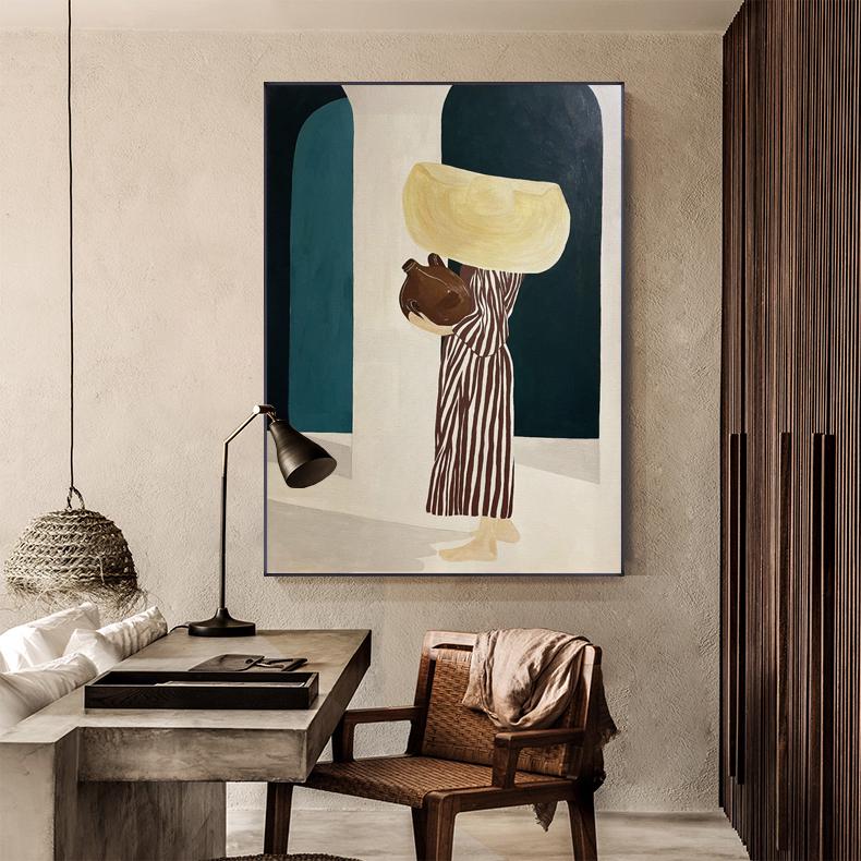 May include: Abstract painting of a person in a striped dress carrying a large basket and a brown jug. The figure is set against a backdrop of teal arches and a neutral background. The artwork has a minimalist style.