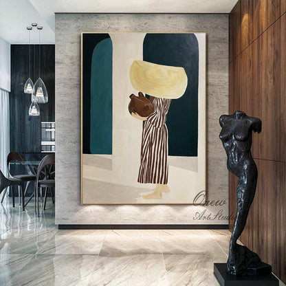 May include: Abstract painting featuring a figure carrying a large, light-colored object on their head and a brown jug. The figure is dressed in a striped garment. The background includes teal and dark blue shapes, with a gold frame.