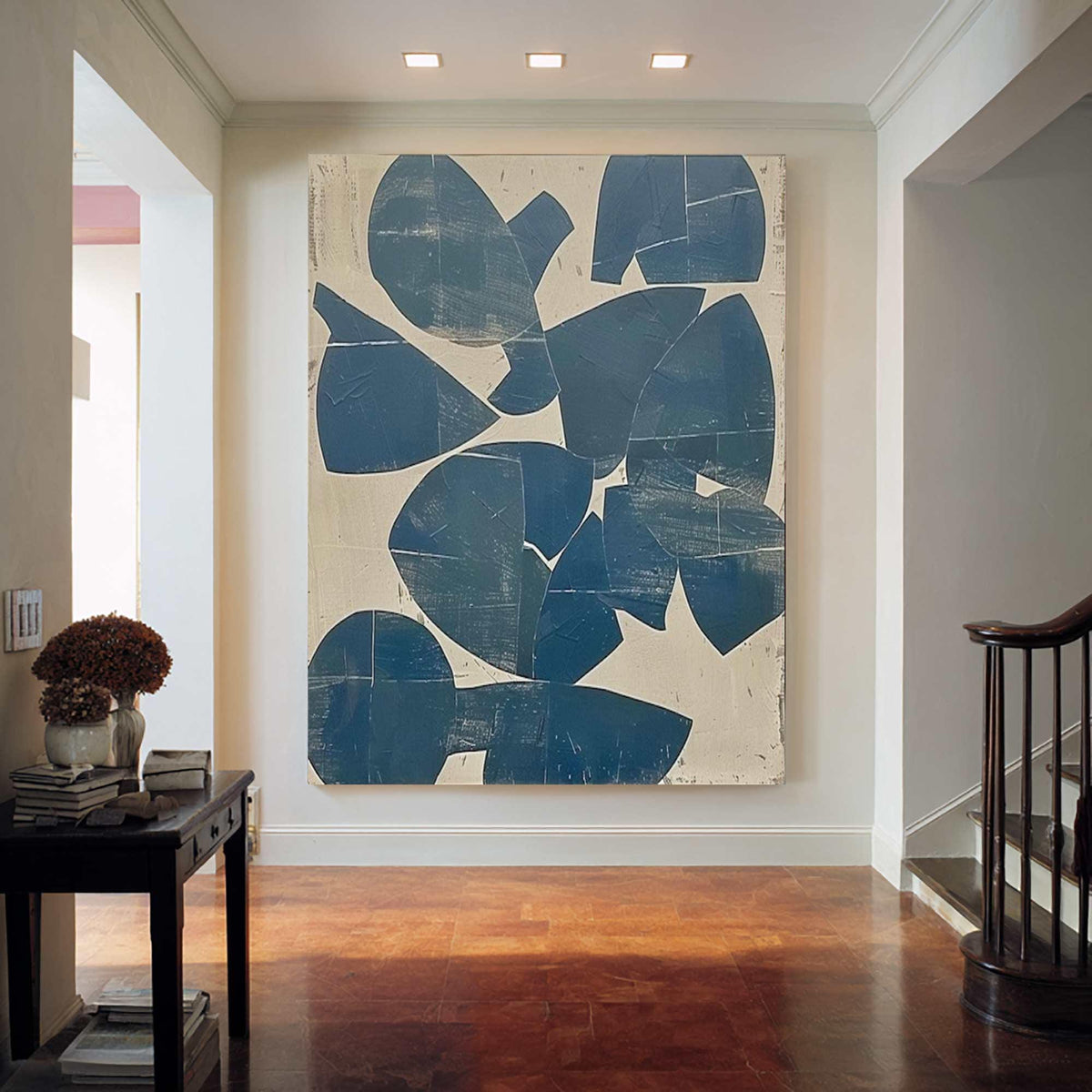 Teal Blue Organic Shape Wall Art Beige Abstract Canvas Painting for Modern Entryway Decor