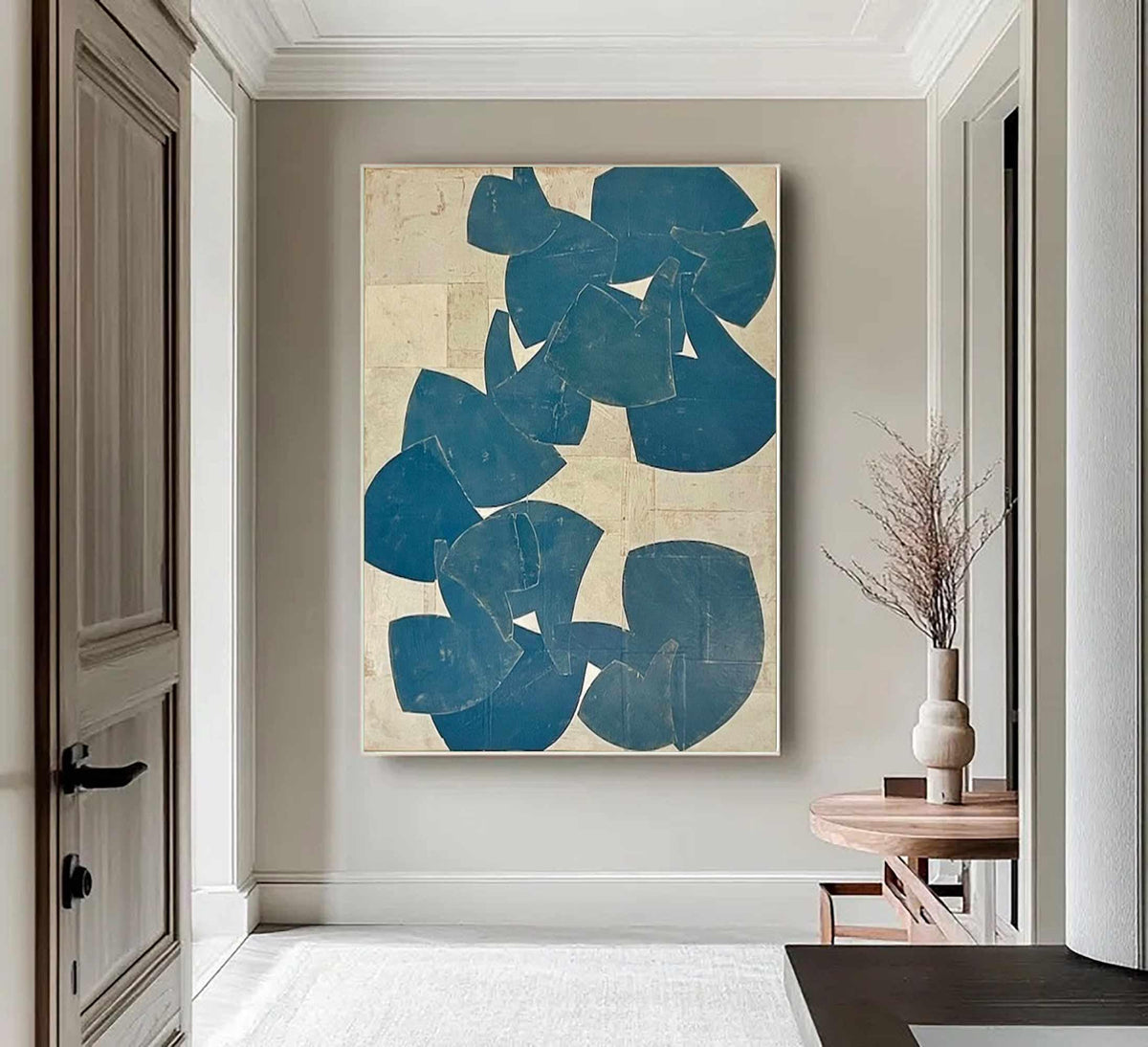 Blue Beige Organic Shape Wall Art Vertical Abstract Canvas Painting for Modern Bedroom Decor