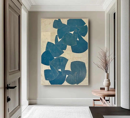 Blue Beige Organic Shape Wall Art Vertical Abstract Canvas Painting for Modern Bedroom Decor