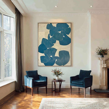 Blue Beige Organic Shape Wall Art Vertical Abstract Canvas Painting for Modern Bedroom Decor