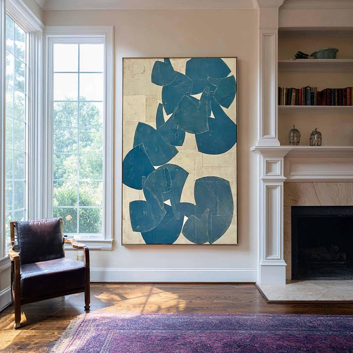 Blue Beige Organic Shape Wall Art Vertical Abstract Canvas Painting for Modern Bedroom Decor
