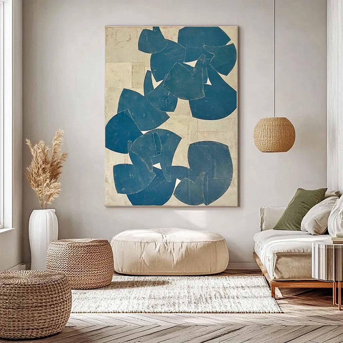 Blue Beige Organic Shape Wall Art Vertical Abstract Canvas Painting for Modern Bedroom Decor