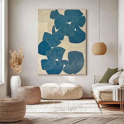 Blue Beige Organic Shape Wall Art Vertical Abstract Canvas Painting for Modern Bedroom Decor