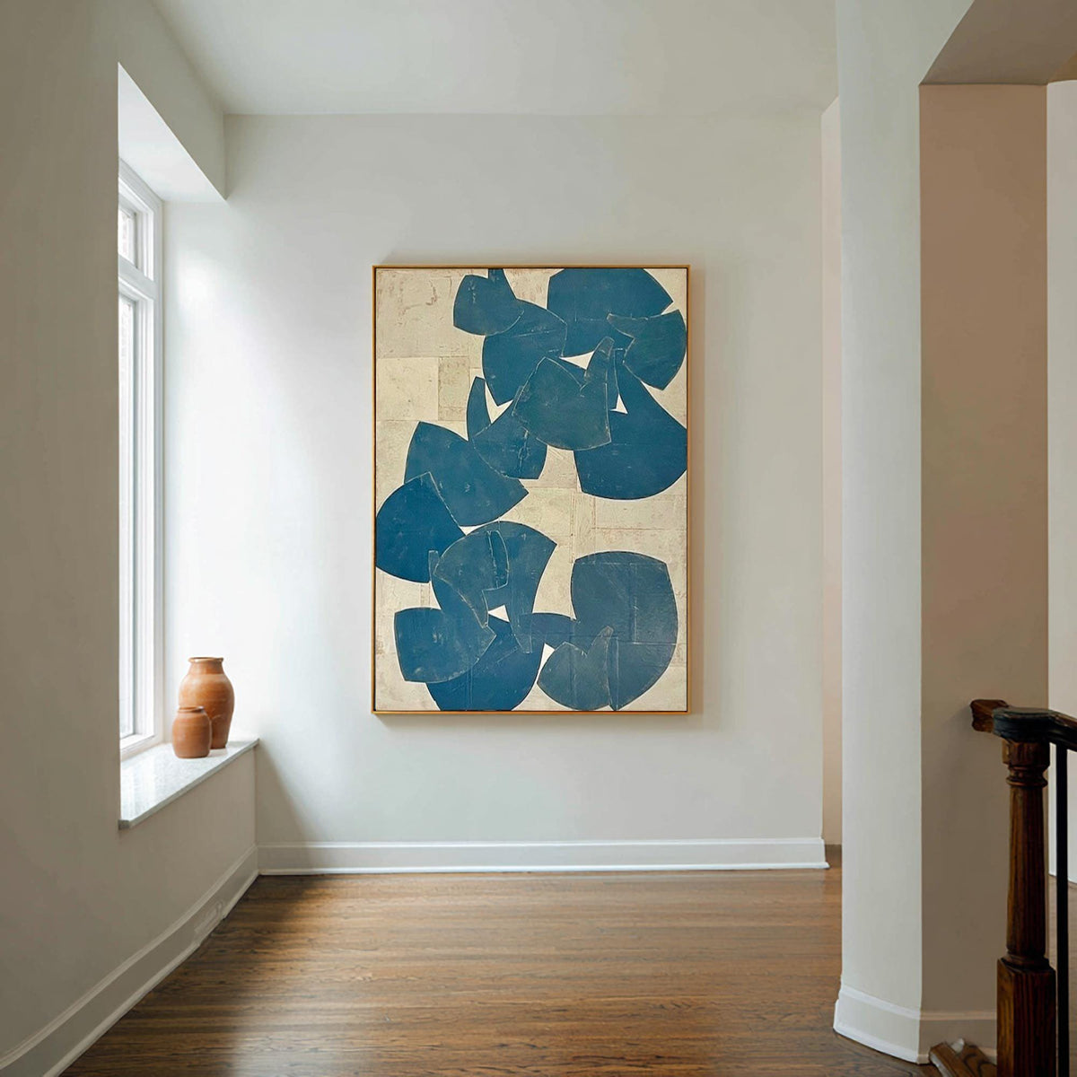 Blue Beige Organic Shape Wall Art Vertical Abstract Canvas Painting for Modern Bedroom Decor