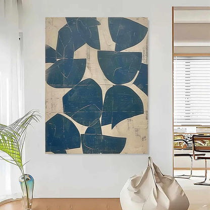 May include: A rectangular wall art piece featuring a series of dark blue, semi-circular and abstract geometric shapes layered over a textured, light beige background. The composition displays overlapping forms with visible brushstroke textures.