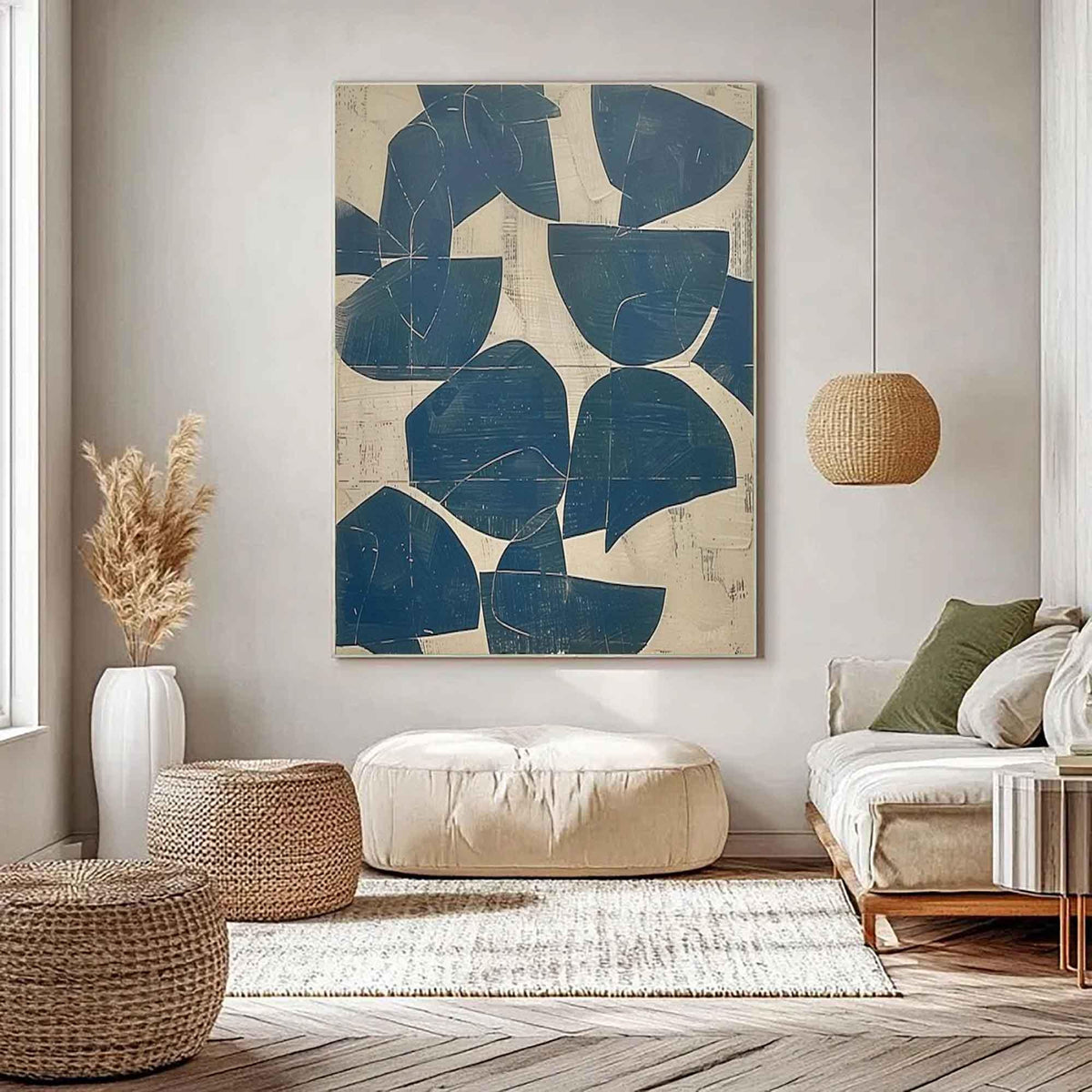 May include: A large rectangular wall art piece featuring a series of dark blue, semi-circular and abstract shapes layered over a textured, off-white background. The composition displays a repeating pattern of bold, deep blue geometric forms.
