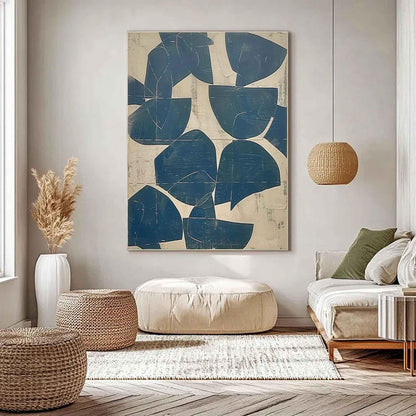 May include: A large rectangular wall art piece featuring a series of dark blue, semi-circular and abstract shapes layered over a textured, off-white background. The composition displays a repeating pattern of bold, deep blue geometric forms.