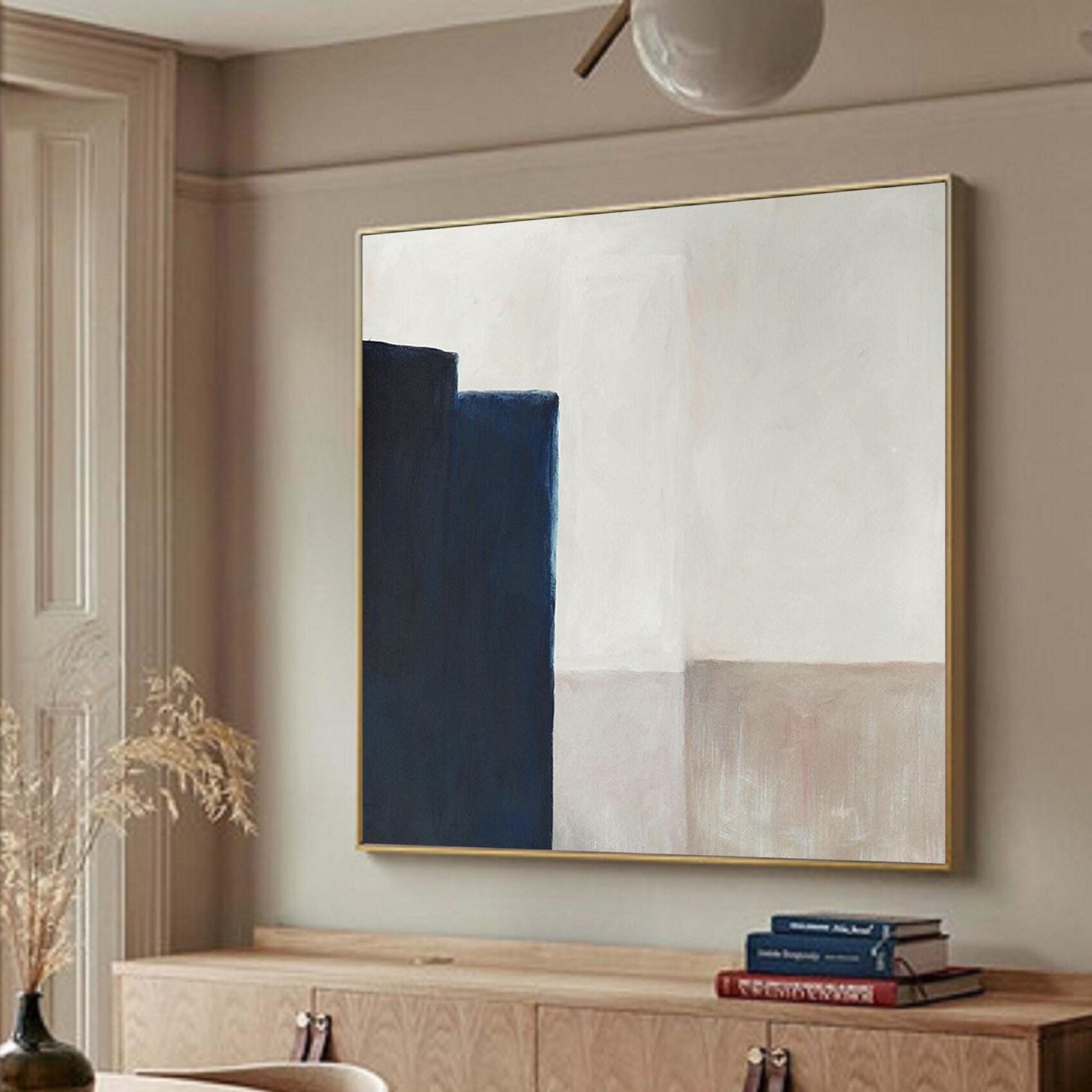 Minimalist Navy Blue Abstract Painting – Beige and Cream Geometric Wall Art