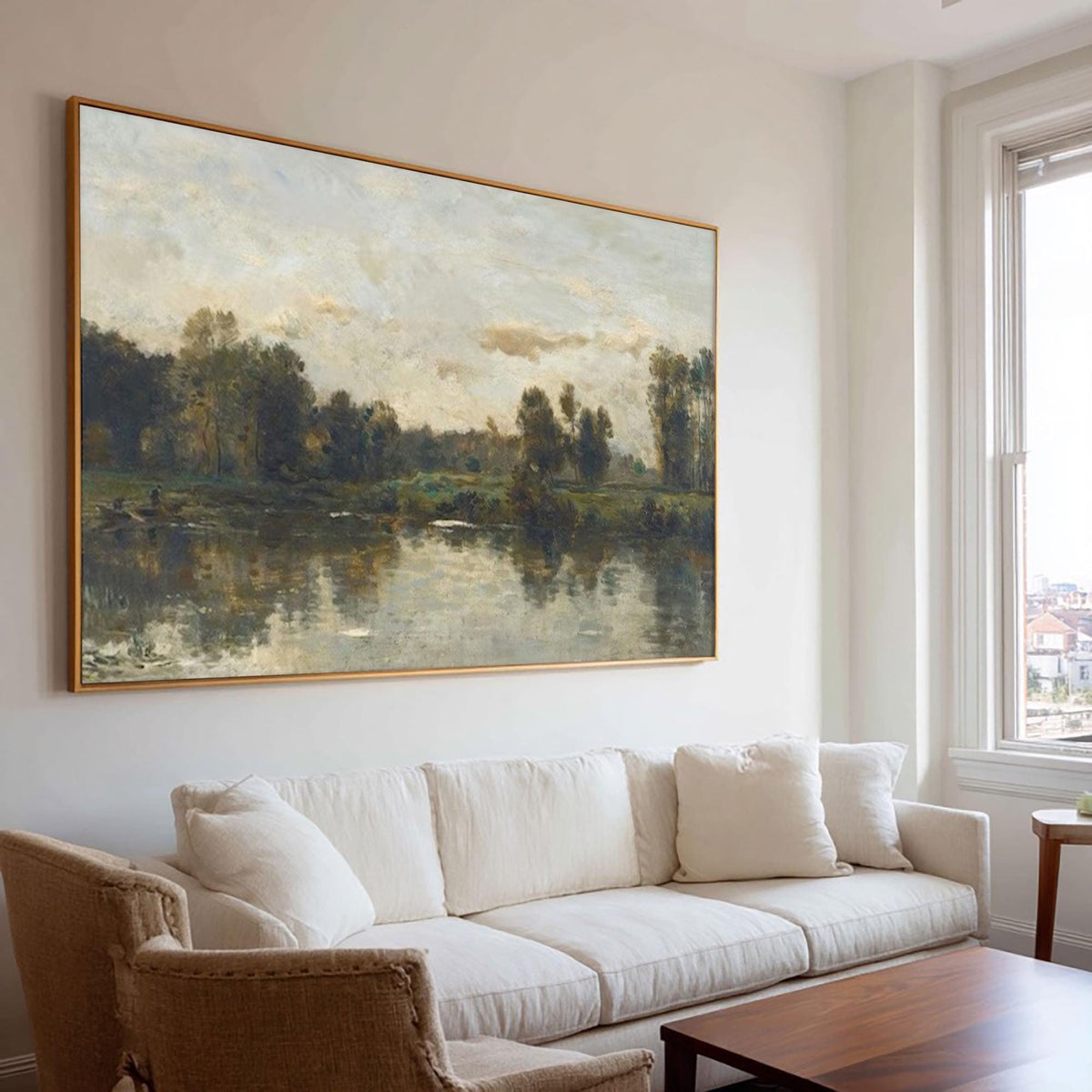 Countryside Landscape Wall Art Rustic Green Blue Canvas Painting for Living Room Farmhouse Decor