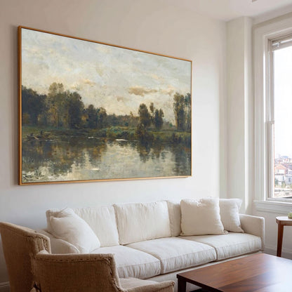 Countryside Landscape Wall Art Rustic Green Blue Canvas Painting for Living Room Farmhouse Decor