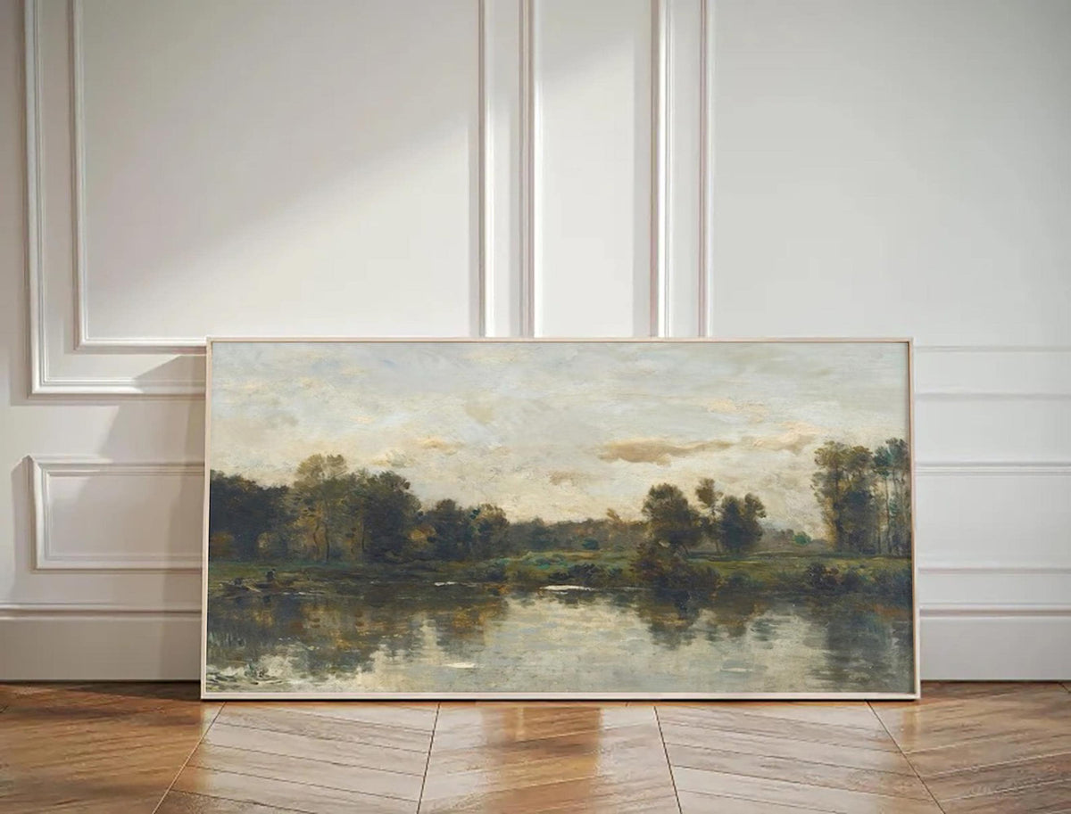 Countryside Landscape Wall Art Rustic Green Blue Canvas Painting for Living Room Farmhouse Decor