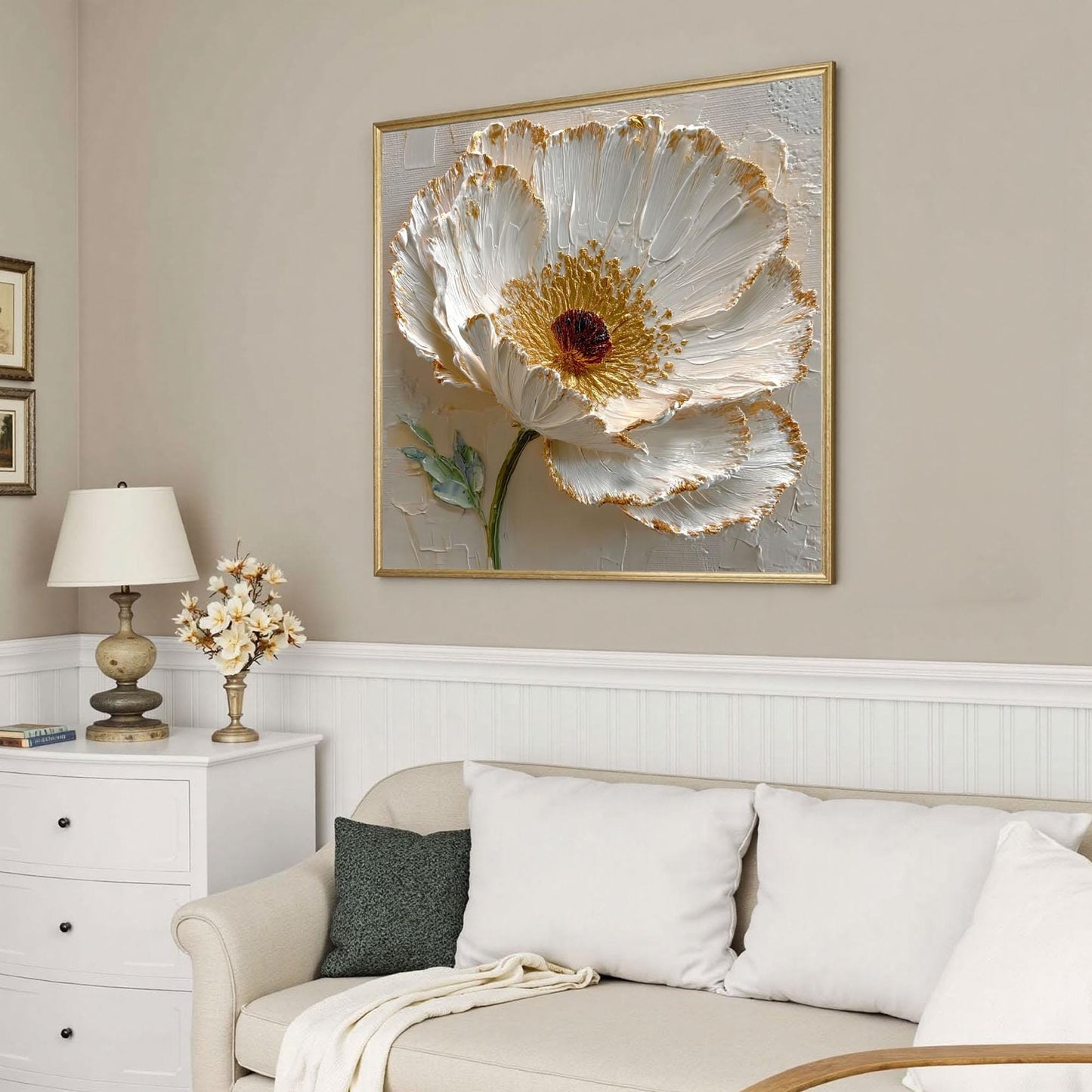 Hand-painted 3D White – Gold and White Floral Wall Art | Abstract Impasto Hand-Painted Painting, view 3