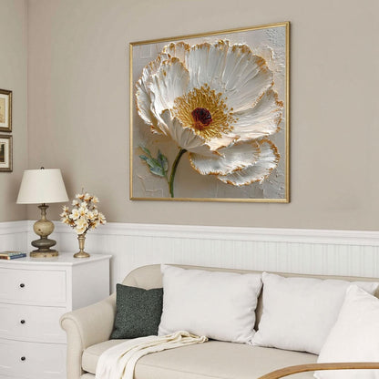 Hand-painted 3D White – Gold and White Floral Wall Art | Abstract Impasto Hand-Painted Painting, view 3