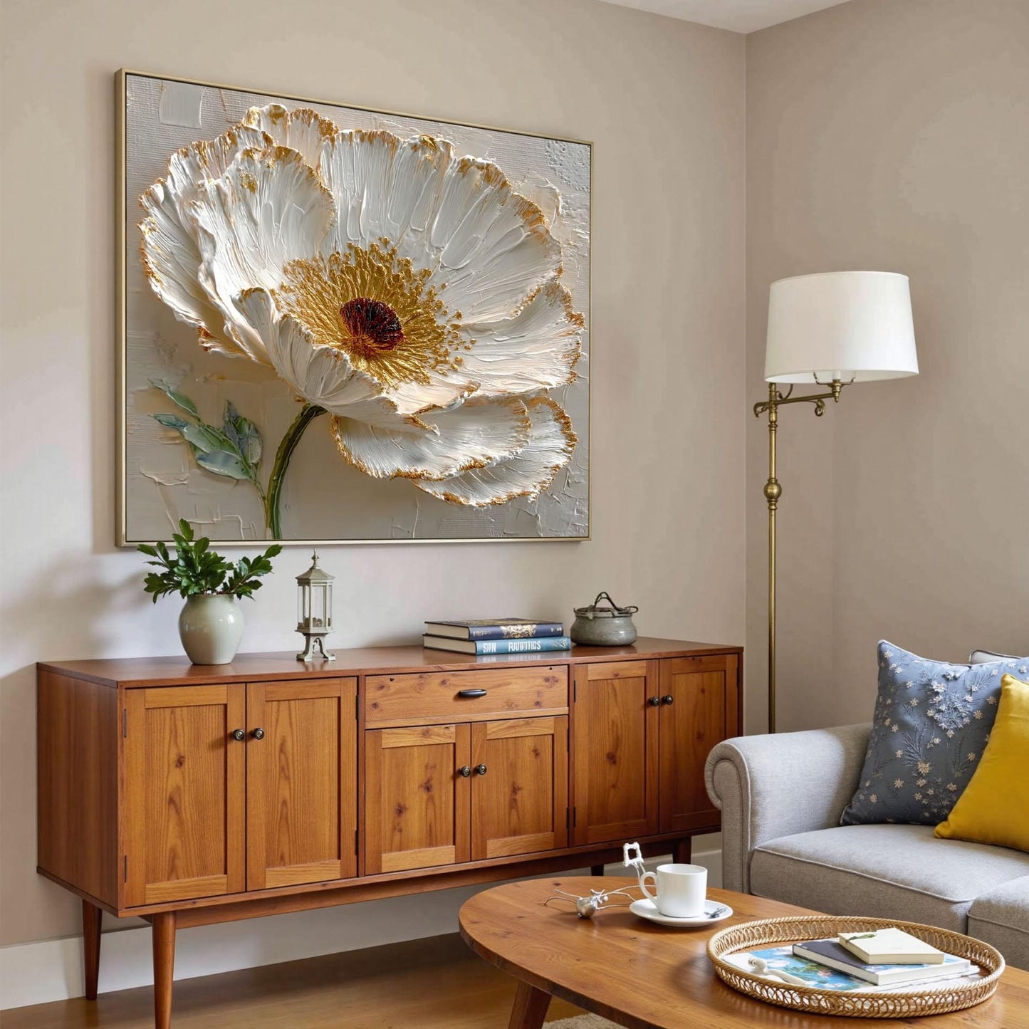 Hand-painted 3D White – Gold and White Floral Wall Art | Abstract Impasto Hand-Painted Painting, view 4