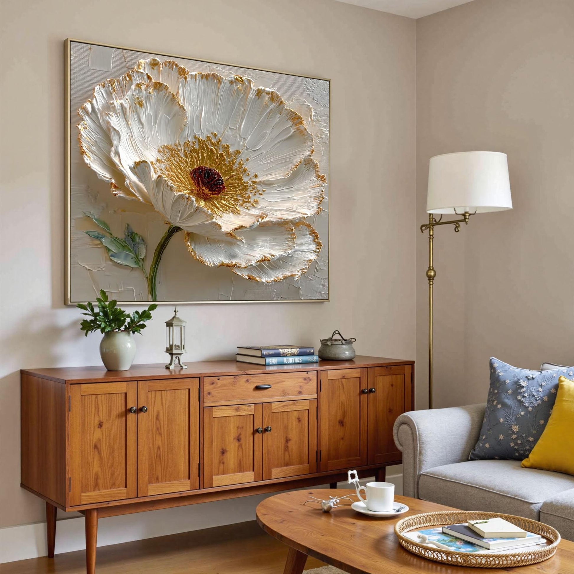 Hand-painted 3D White – Gold and White Floral Wall Art | Abstract Impasto Hand-Painted Painting, view 4
