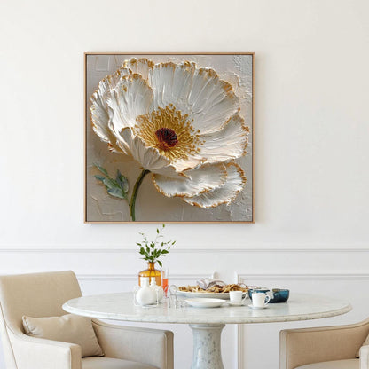 Gold and White Abstract Impasto Floral Wall Art – Hand-Painted 3D White