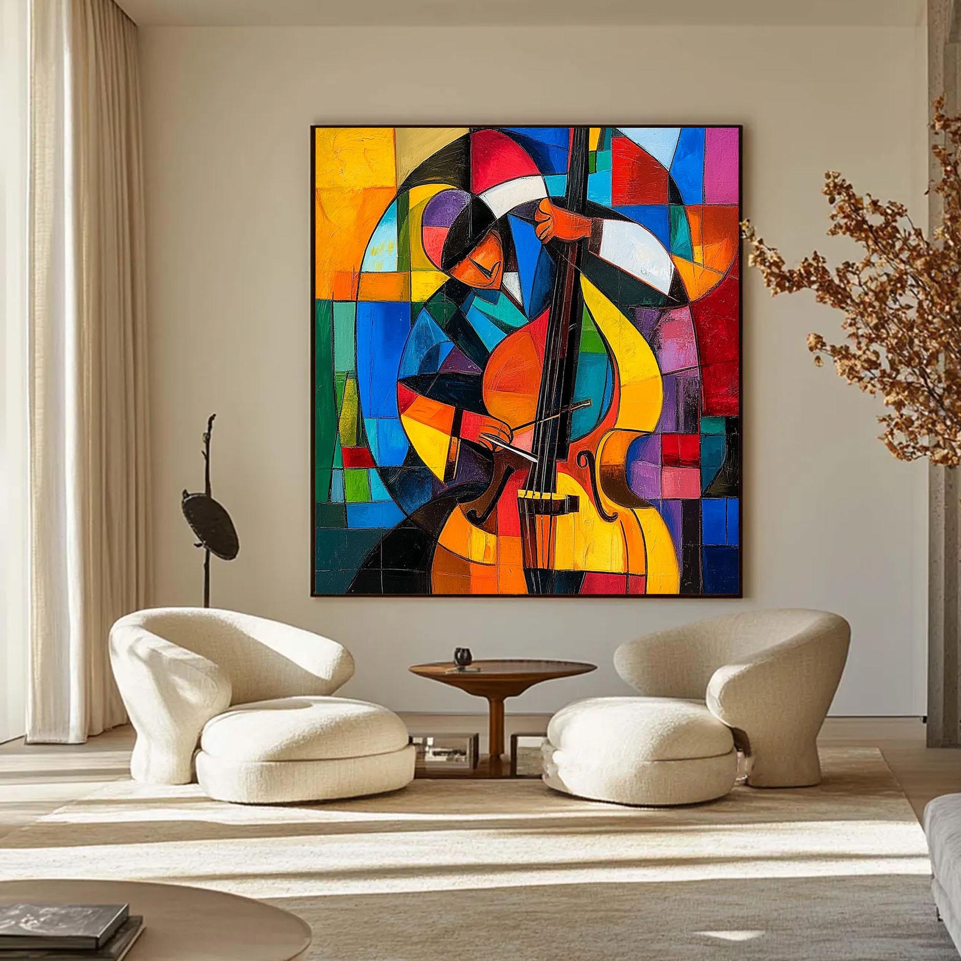 Abstract Cello Oil Painting on Canvas, Colorful Geometric Modern Art – Colorful Geometric Wall Art | Abstract Oil Painting, v