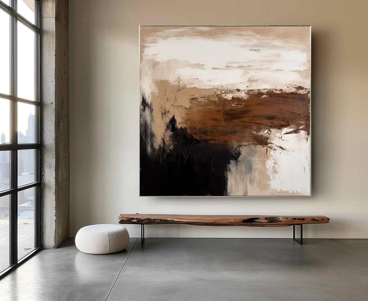 Large Abstract Oil Painting on Canvas, Brown Beige and Black Abstract Canvas Wall Art, Modern Textured Wall Art for Living Room, Home Decor