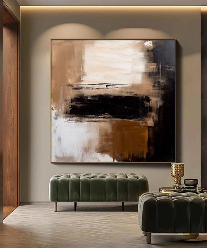 Large Abstract Oil Painting on Canvas, Brown Beige and Black Abstract Canvas Wall Art, Modern Textured Wall Art for Living Room, Home Decor