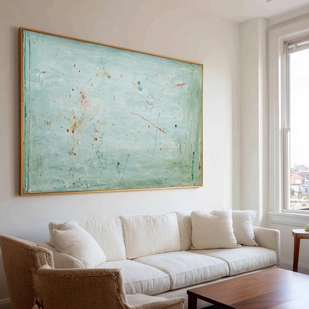 May include: Large abstract painting with a light blue background and a gold frame. The artwork features splashes of red and brown, creating a textured effect. The painting hangs above a white sofa in a well-lit living room.