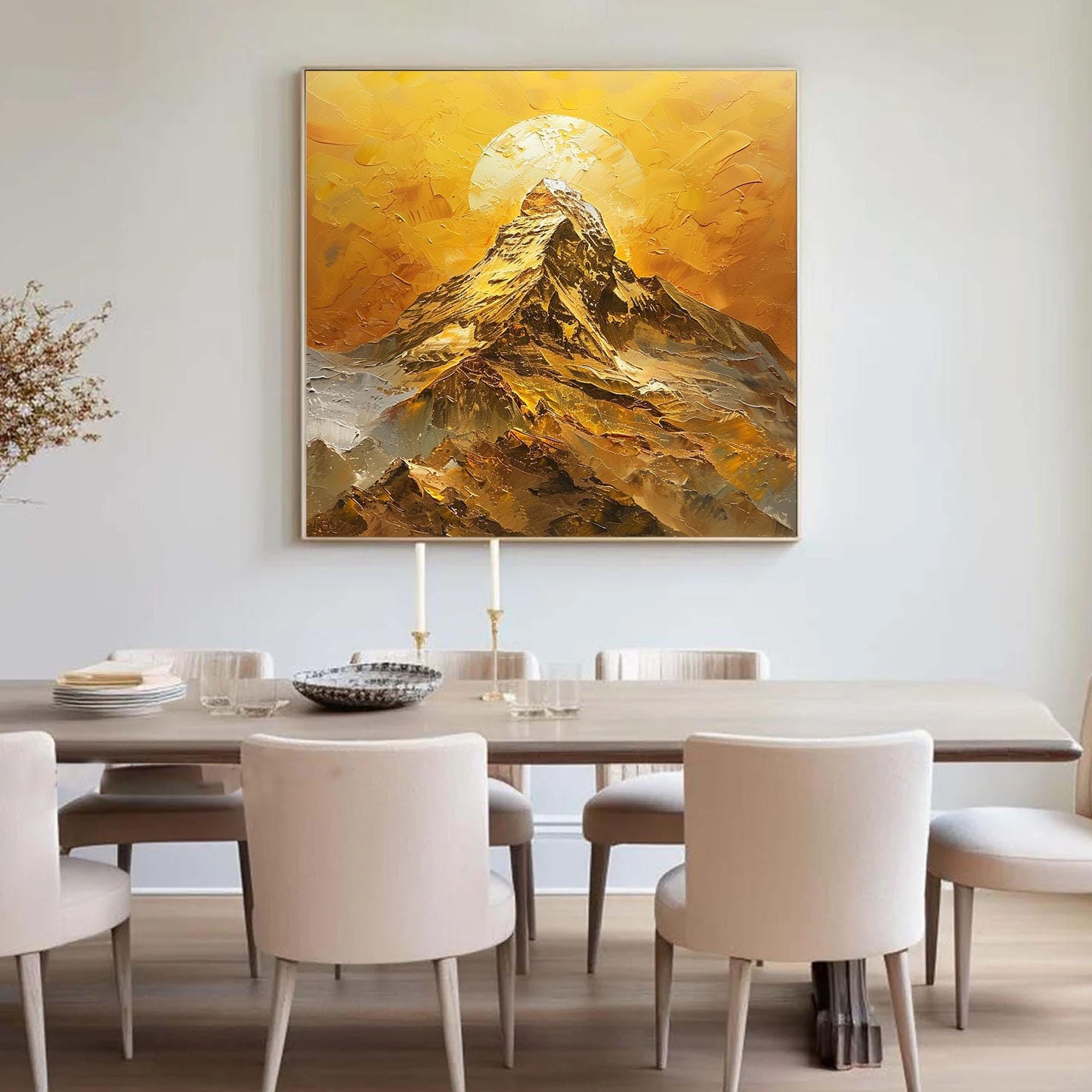 Golden Mountain Sunset Painting On Canvas, Large Textured Landscape Painting, Modern Gold Wall Art, Abstract Sunrise Art, Liv