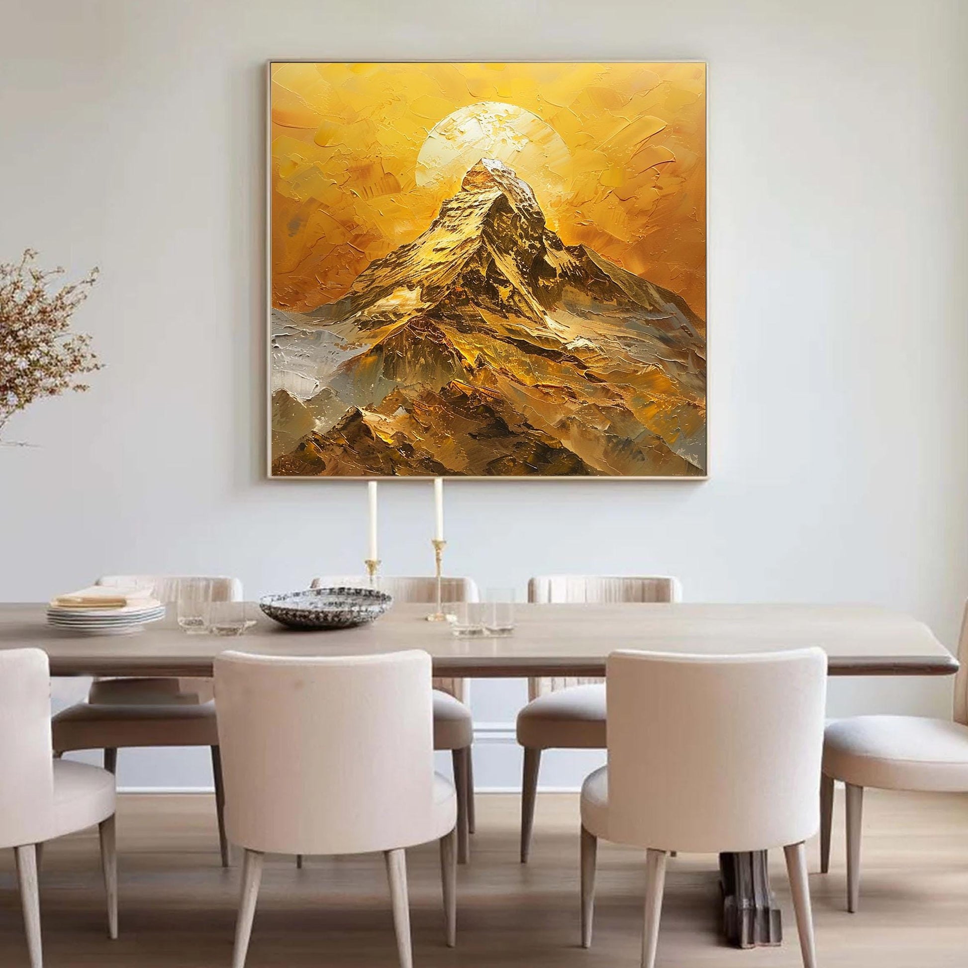 Golden Mountain Sunset Painting On Canvas, Large Textured Landscape Painting, Modern Gold Wall Art, Abstract Sunrise Art, Liv