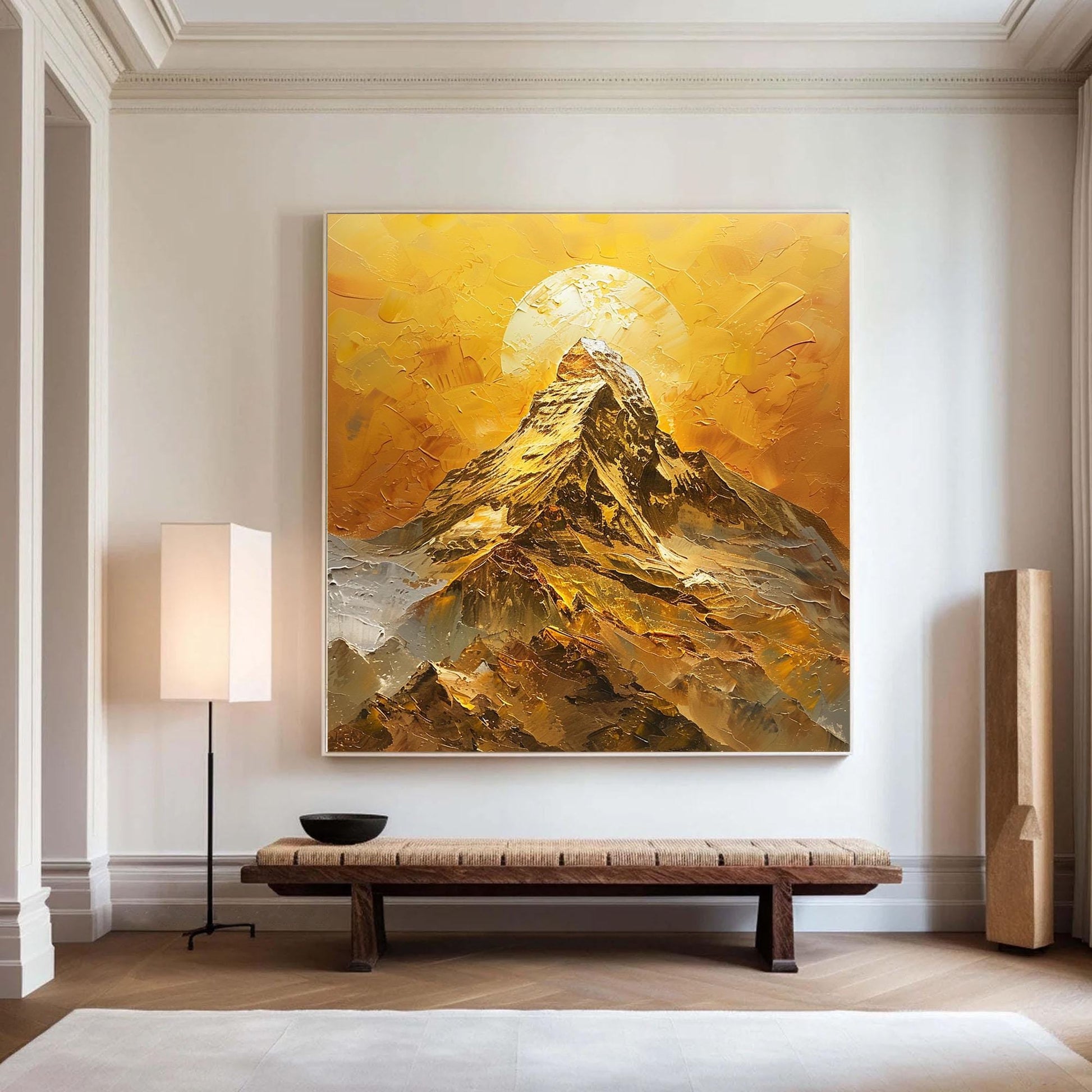 Golden Mountain Sunset Painting On Canvas, Large Textured Landscape Painting, Modern Gold Wall Art, Abstract Sunrise Art, Liv
