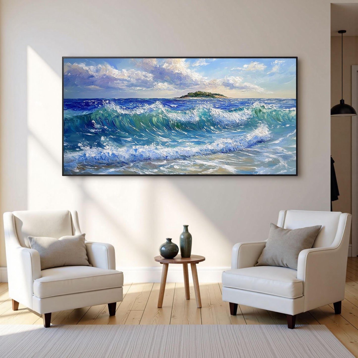 Blue Palette Knife Ocean Wave Seascape Wall Art – Textured Ocean Waves Painting
