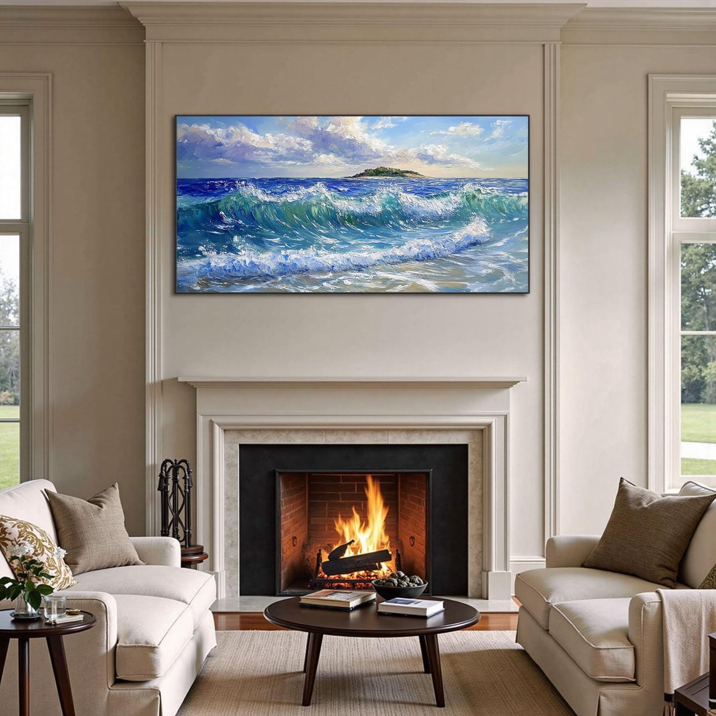 Blue Palette Knife Ocean Wave Seascape Wall Art – Textured Ocean Waves Painting