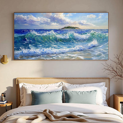 Blue Palette Knife Ocean Wave Seascape Wall Art – Textured Ocean Waves Painting