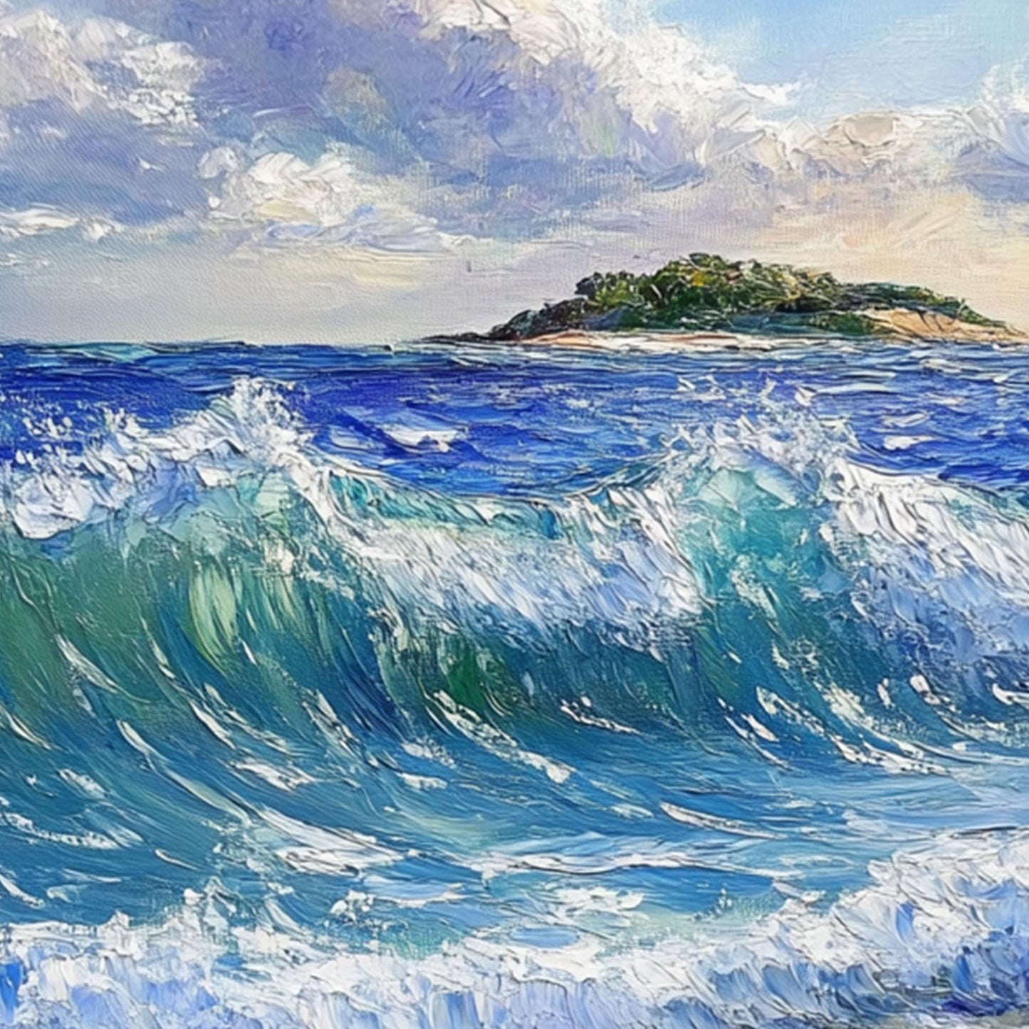 Textured Ocean Waves Painting, Coastal Island Seascape Canvas Art – Blue Ocean Wave Seascape Wall Art | Palette Knife Paintin