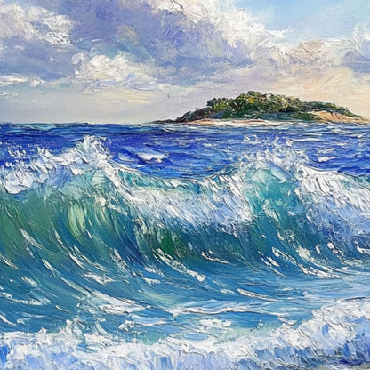 Textured Ocean Waves Painting, Coastal Island Seascape Canvas Art – Blue Ocean Wave Seascape Wall Art | Palette Knife Paintin