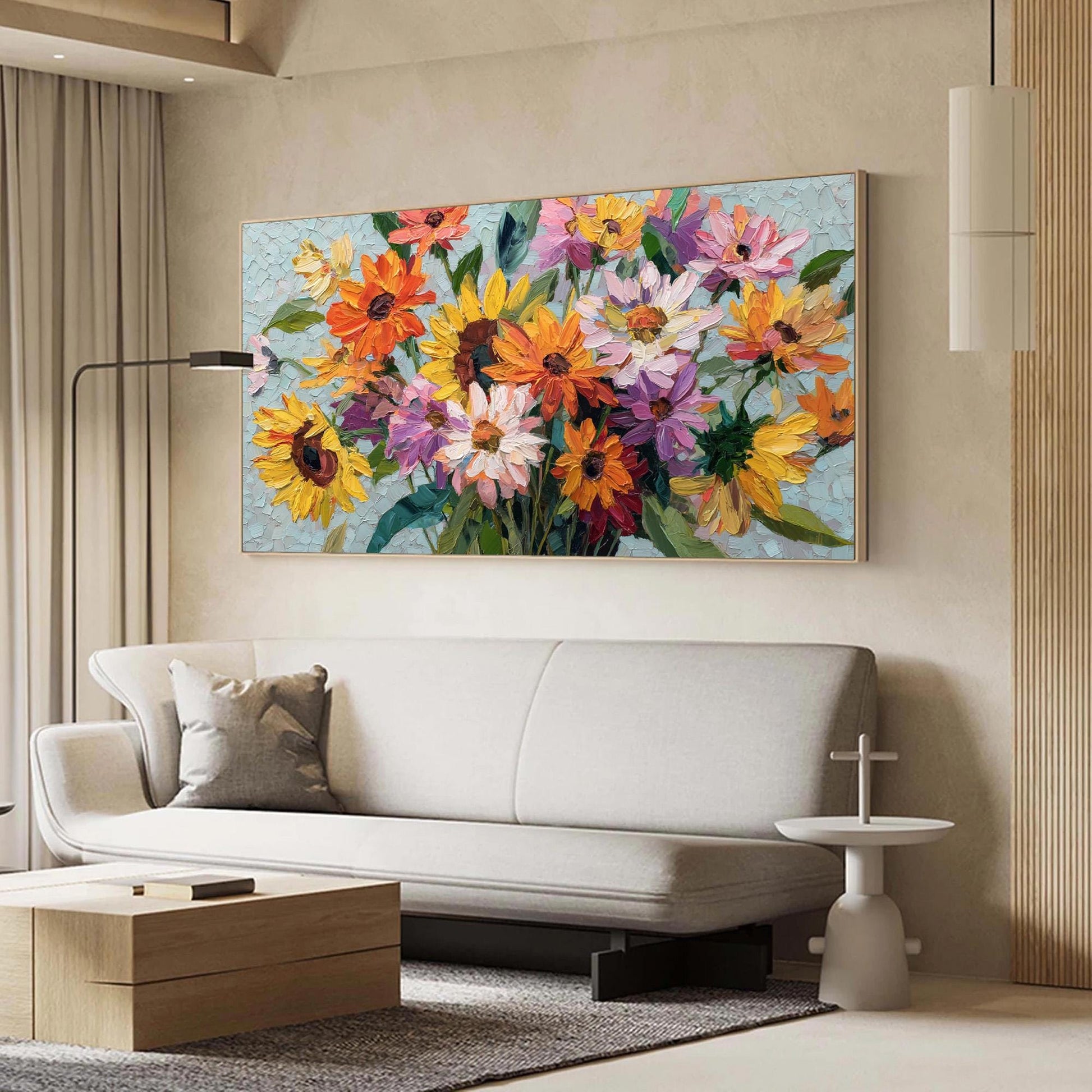 Textured Floral Oil Painting On Canvas, Vibrant Blooming Flowers Wall Art – Colorful Sunflower Floral Wall Art | Textured Oil