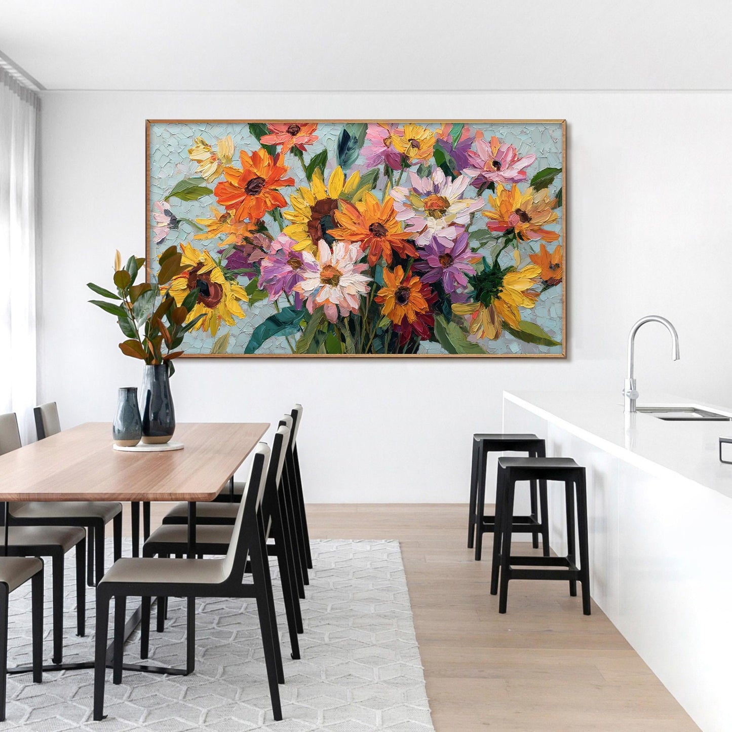Colorful Textured Sunflower and Daisy Bouquet Oil Painting – Floral Wall Art