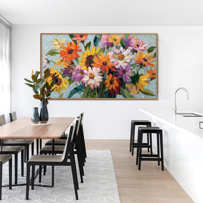 Colorful Textured Sunflower and Daisy Bouquet Oil Painting – Floral Wall Art