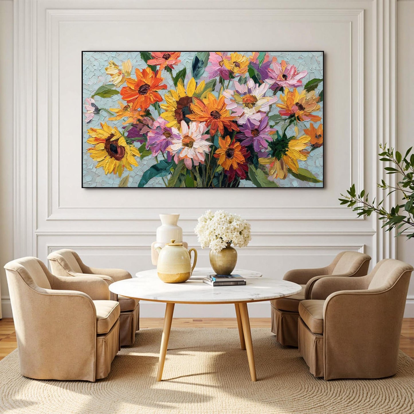 Textured Floral Oil Painting On Canvas, Vibrant Blooming Flowers Wall Art – Colorful Sunflower Floral Wall Art | Textured Oil