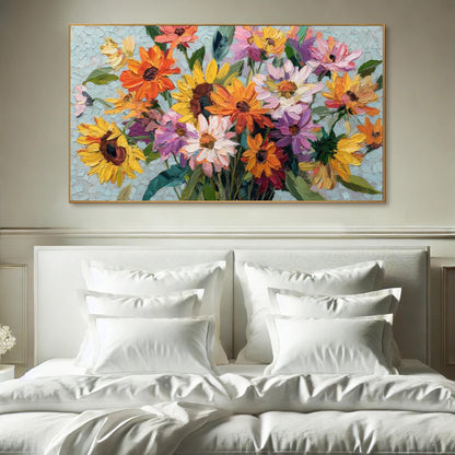 Colorful Textured Sunflower and Daisy Bouquet Oil Painting – Floral Wall Art