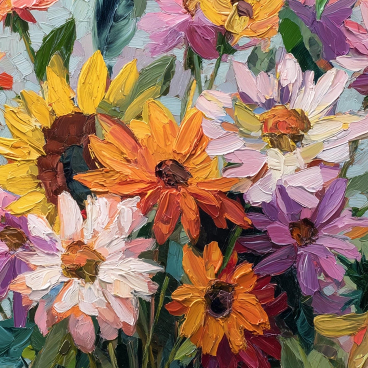 Textured Floral Oil Painting On Canvas, Vibrant Blooming Flowers Wall Art – Colorful Sunflower Floral Wall Art | Textured Oil