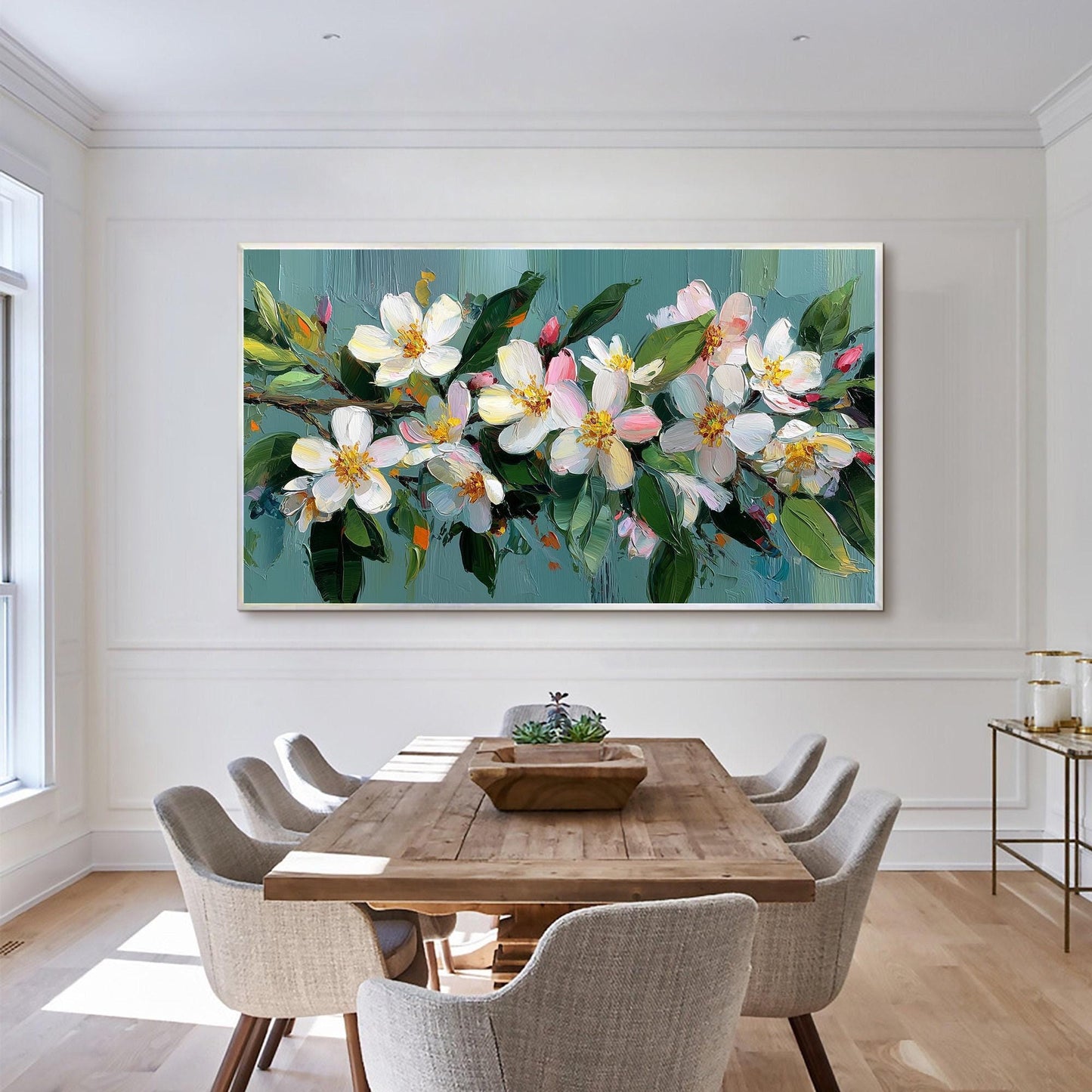 Textured Floral Oil Painting On Canvas, Soft Spring Wall Art, Framed Ready-to-Hang Home Decor – Teal and White Floral Wall Ar