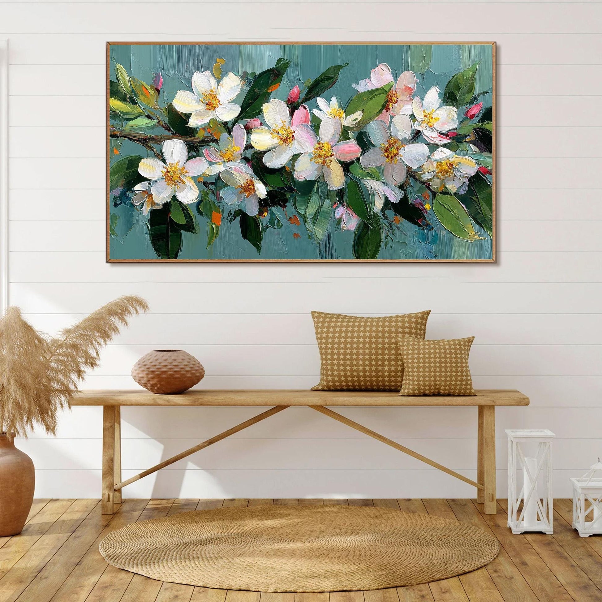 Textured Floral Oil Painting On Canvas, Soft Spring Wall Art, Framed Ready-to-Hang Home Decor – Teal and White Floral Wall Ar