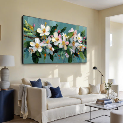 Teal and White Textured Floral Wall Art – Textured Floral Oil Painting On Canvas, Soft Spring Wall Art, Framed Ready-to-Hang Home Decor