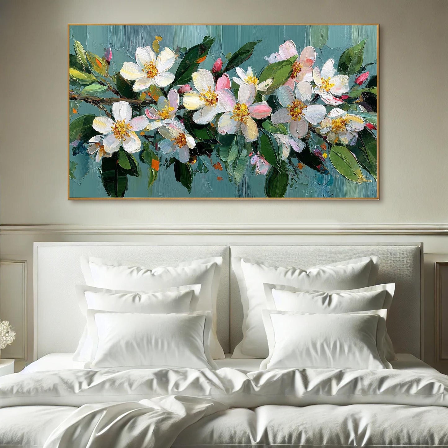 Teal and White Textured Floral Wall Art – Textured Floral Oil Painting On Canvas, Soft Spring Wall Art, Framed Ready-to-Hang Home Decor